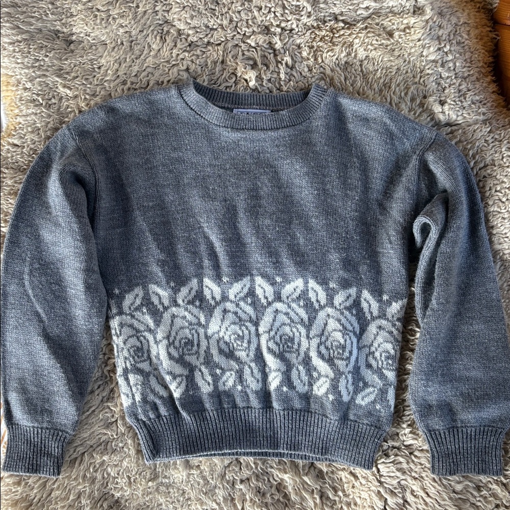 Russ Petites Vintage Gray Wool Rose Sweater